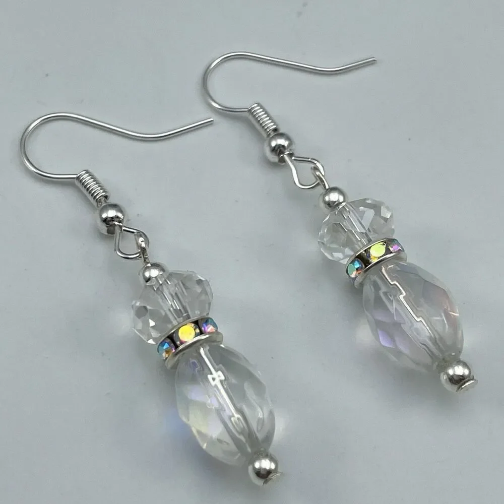 Stunning White AB Crystal Glass Beaded Dangle Earrings Silver Tone Rhinestone